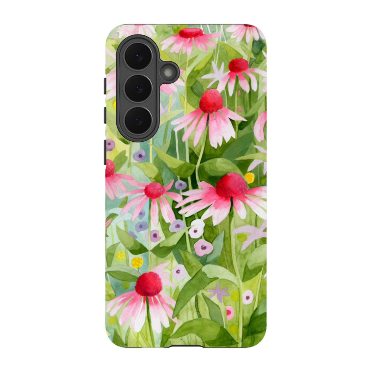 Samsung Tough Case featuring a vibrant watercolor Summer Echinacea floral print on a green background.