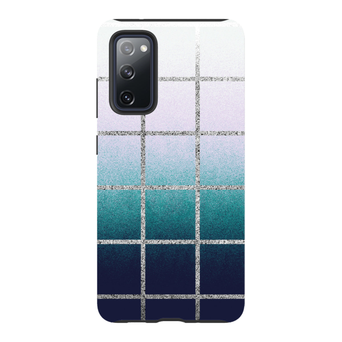 Samsung Tough Case featuring a blue and white gradient grid design with silver glitter lines and a camera cutout.