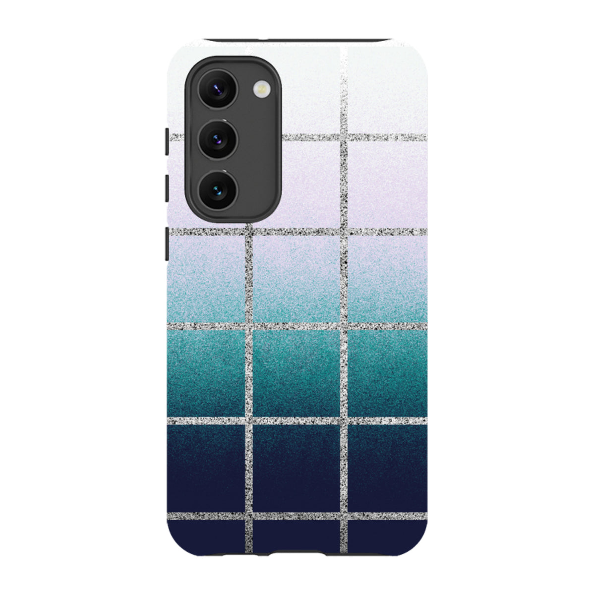 Samsung Tough Case featuring a blue-to-white gradient grid design with a protective dual-layer shell and camera cut-outs.