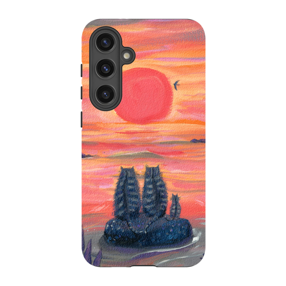 Samsung Tough Case featuring a sunset cat painting with vibrant orange and pink hues and durable dual-layer protection.