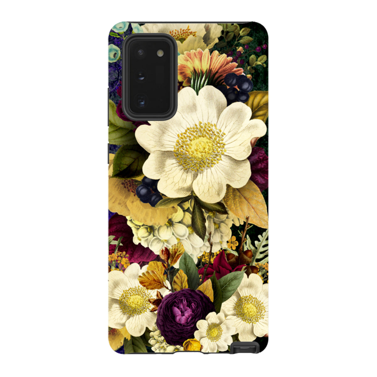 Samsung Tough Case featuring a vibrant, surreal floral print with white, yellow, and deep purple flowers on a dark background.