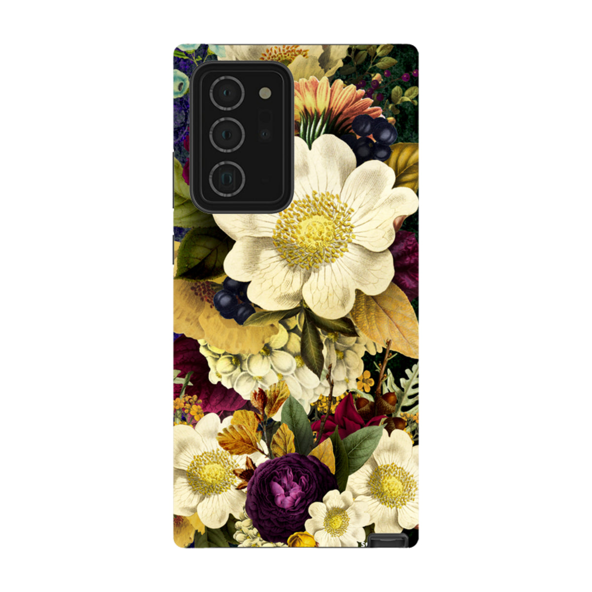 Samsung Tough Case featuring a vibrant, high-definition floral art print with white and purple flowers on a dark background.