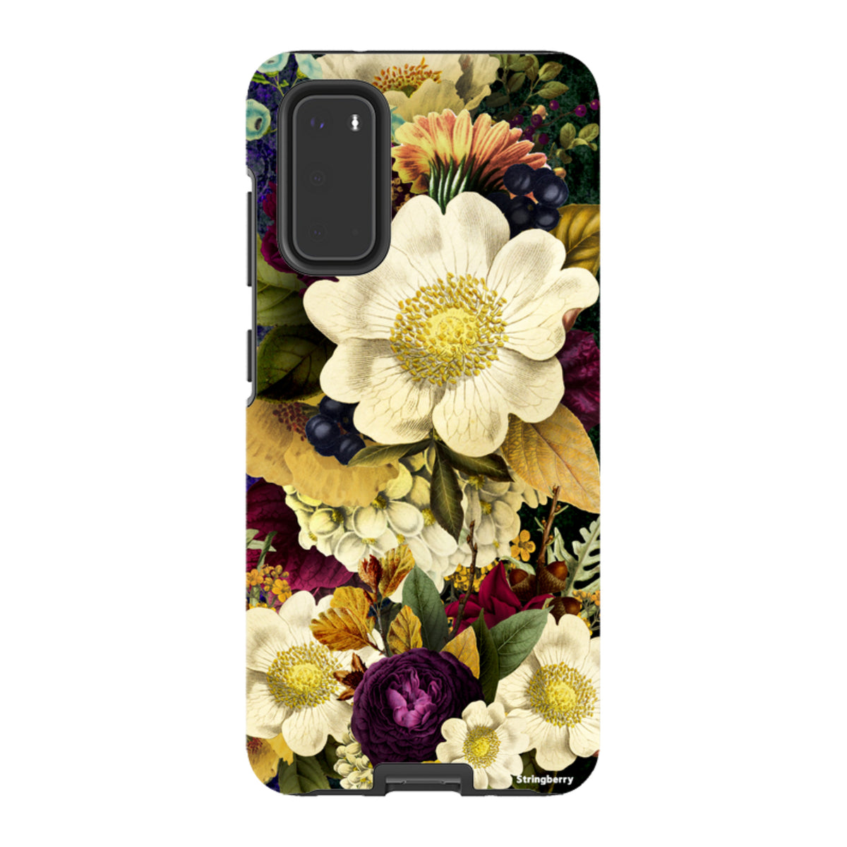 Samsung Tough Case featuring a vibrant, surreal floral art print with white and purple blooms on a dark background.