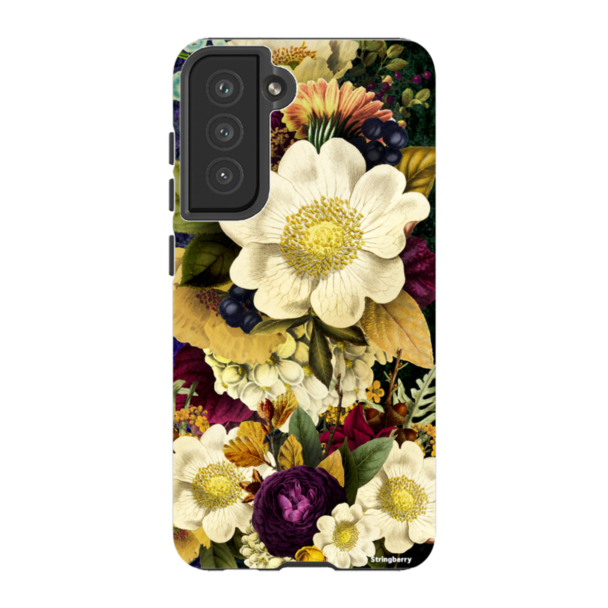Samsung Tough Case featuring a vibrant, surreal floral art print with white and purple blooms on a dark background.