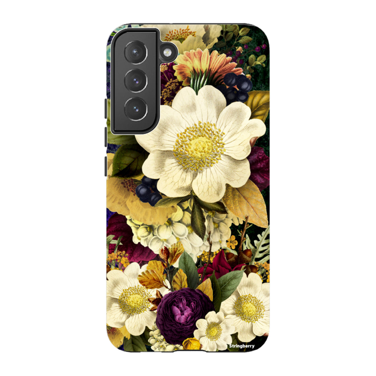 Samsung Tough Case featuring a vibrant, surreal floral art print with white and purple flowers on a dark background.