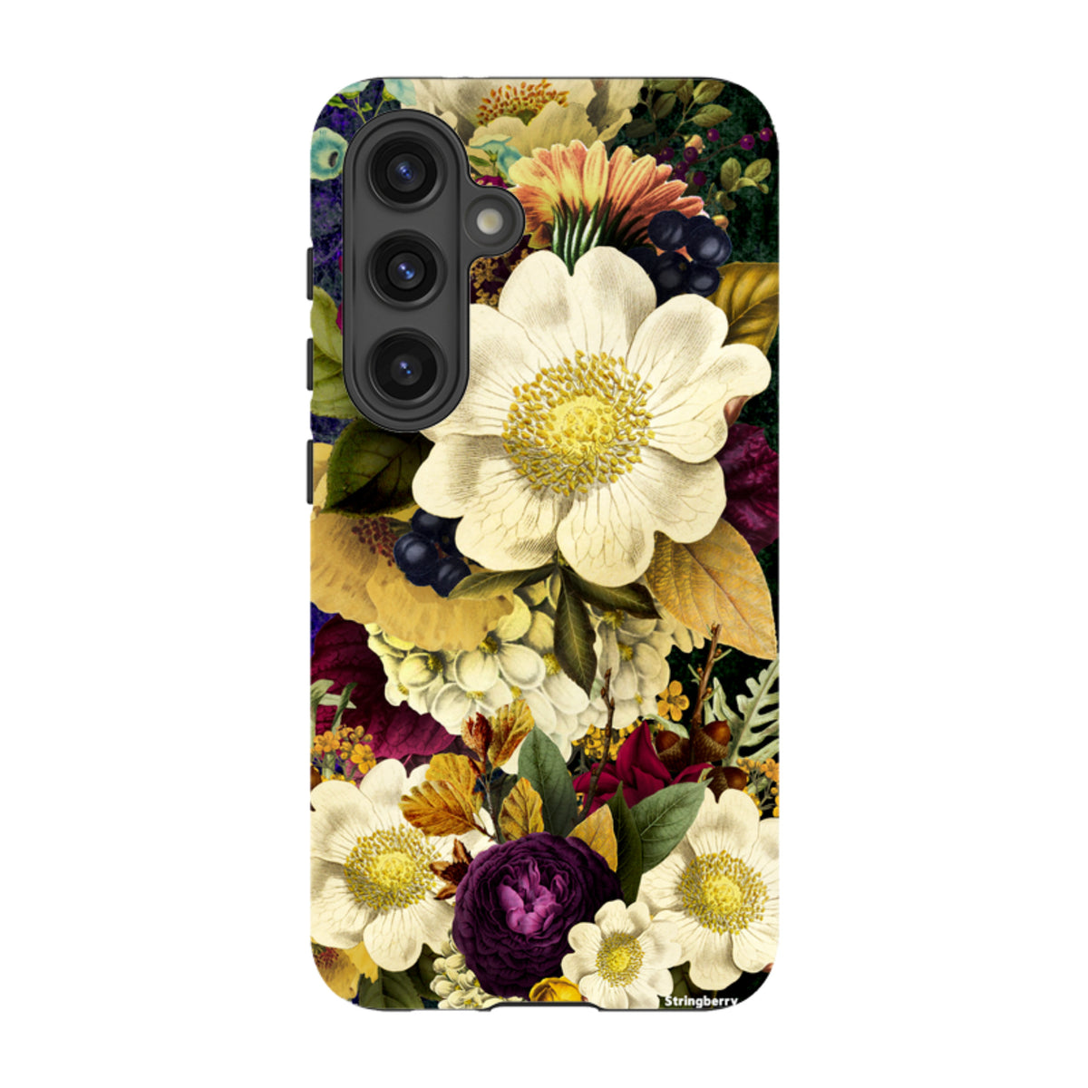 Samsung Tough Case featuring a vibrant, surreal floral art print with white and purple blooms on a dark background.