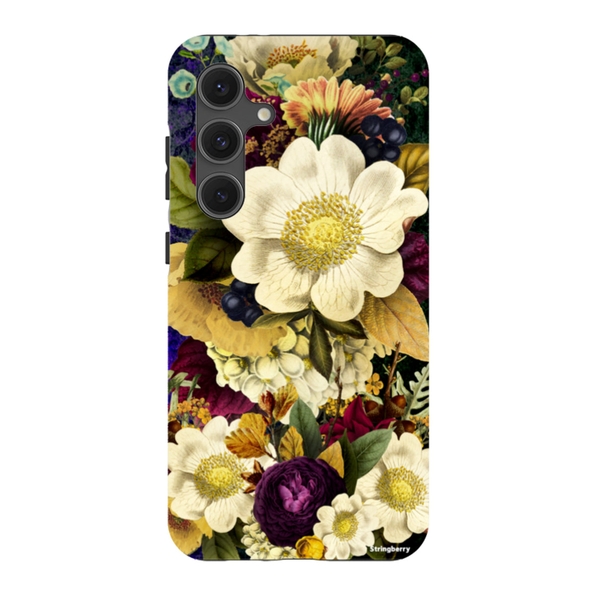 Samsung Tough Case featuring a vibrant, high-definition floral surreal art print with white and purple blooms.