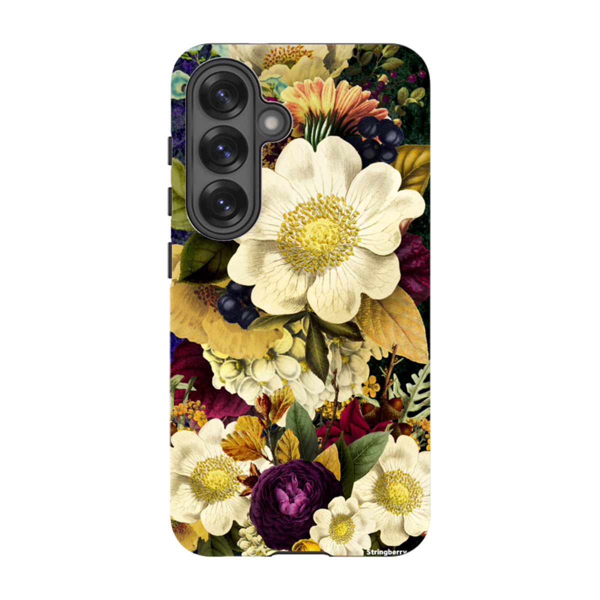 Samsung Tough Case featuring a vibrant, surreal floral art print with white and purple blooms on a dark background.