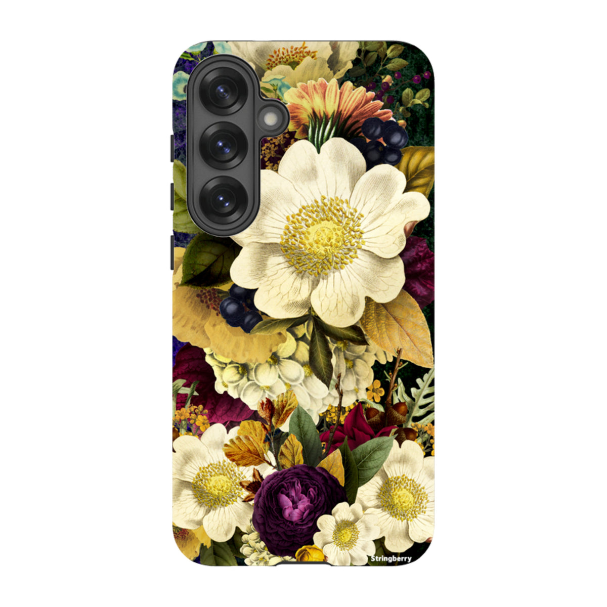 Samsung Tough Case featuring a vibrant, surreal floral art print with white and purple blooms on a dark background.