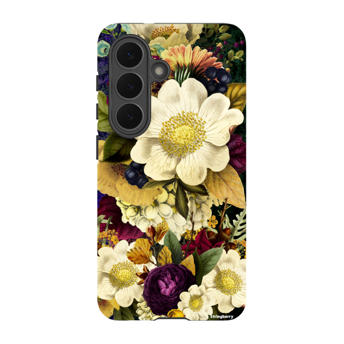 Samsung Tough Case featuring a vibrant, high-definition floral art design with white and purple blooms on a dark background.