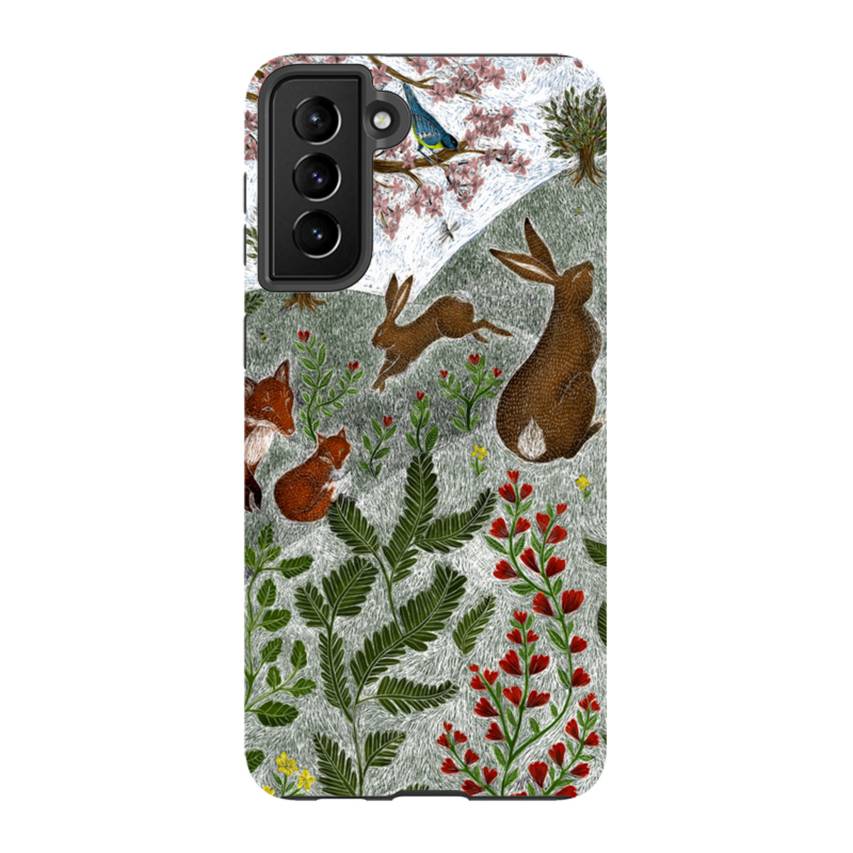 Samsung Tough Case featuring Catherine Rowe’s Sussex Downs nature art with rabbits, a fox, and flowers on a white background.