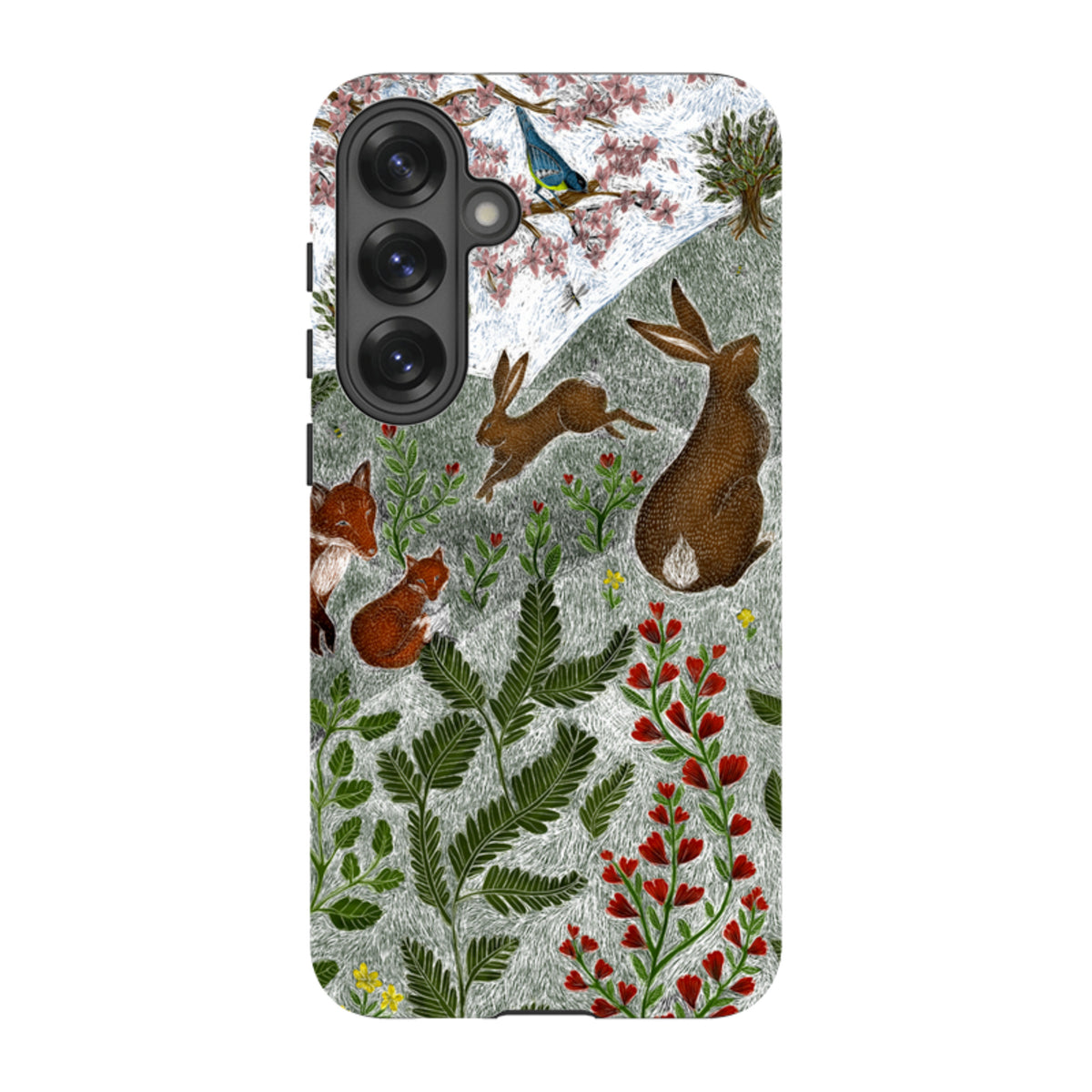 Samsung Tough Case featuring Catherine Rowe's Sussex Downs nature art with rabbits, a fox, and flowers on a dual-layer shell.