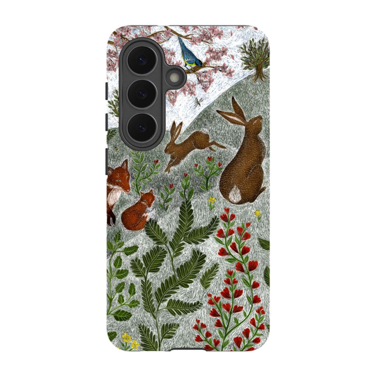 Samsung Tough Case featuring Catherine Rowe’s Sussex Downs art with rabbits, a fox, and floral motifs on a durable dual-layer shell.