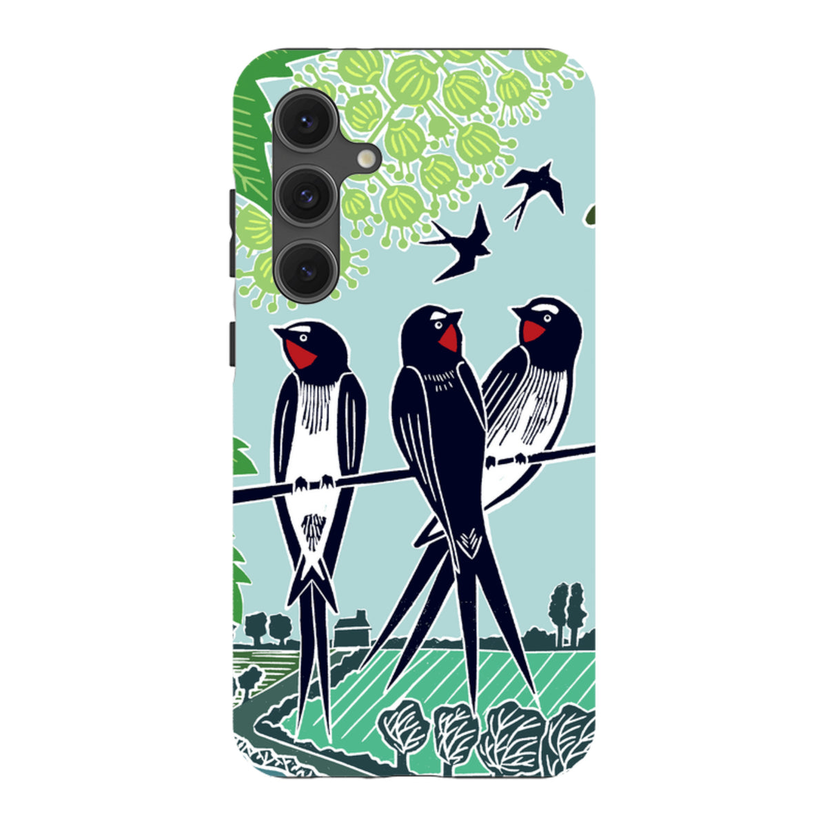 Samsung Tough Case featuring Kate Heiss swallow artwork with blue, green, and black birds on a light blue background.
