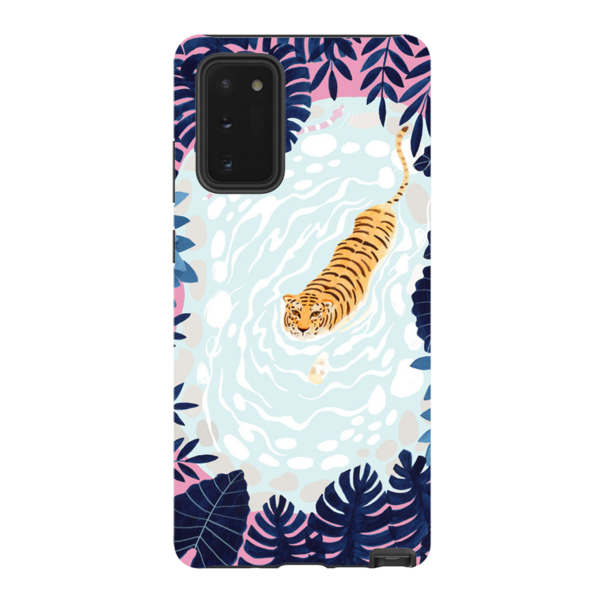 Samsung Tough Case featuring a swimming tiger illustration surrounded by dark blue tropical leaves on a light blue water background.
