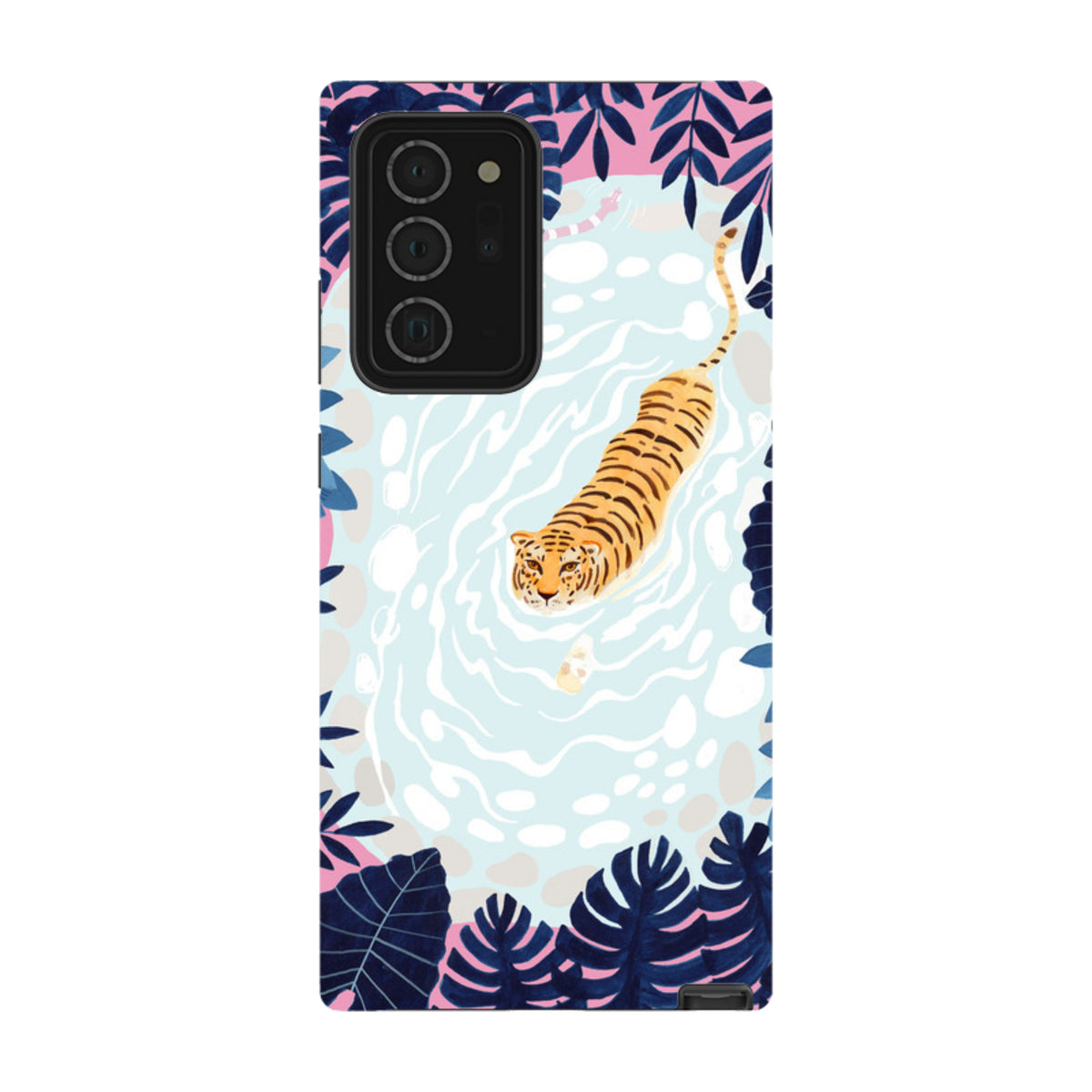 Samsung Tough Case featuring a swimming tiger illustration surrounded by dark blue tropical leaves on a light blue water.