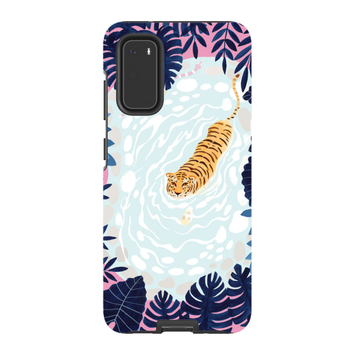 Samsung Tough Case featuring a swimming tiger illustration surrounded by dark blue tropical leaves on a light blue water.