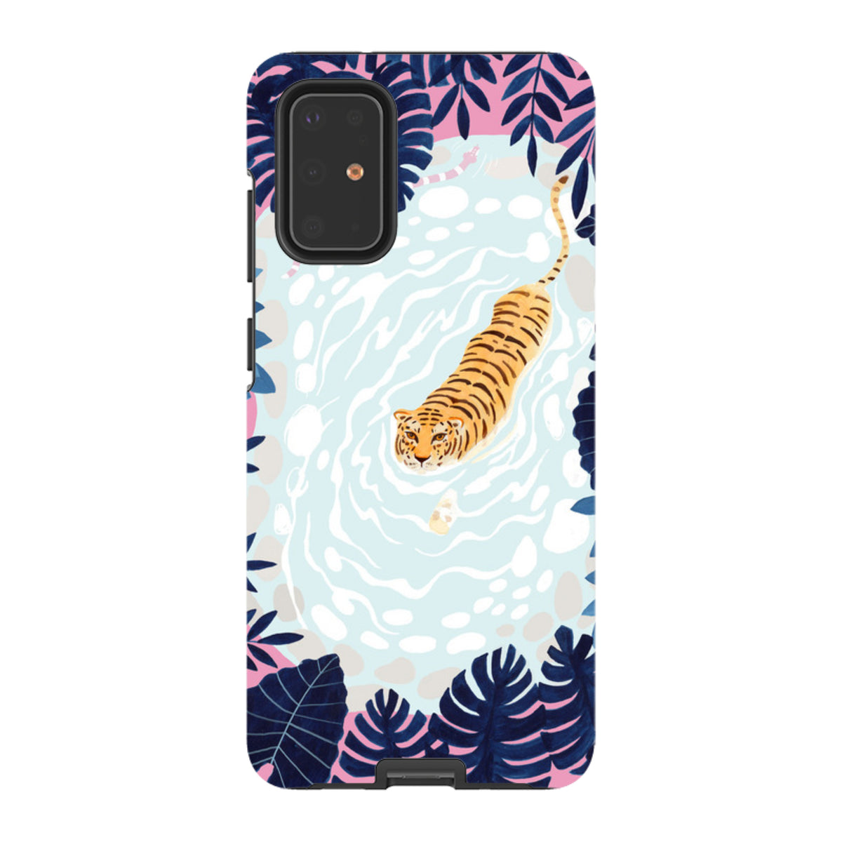 Samsung Tough Case featuring a swimming tiger in blue water surrounded by dark tropical leaves and pink accents.