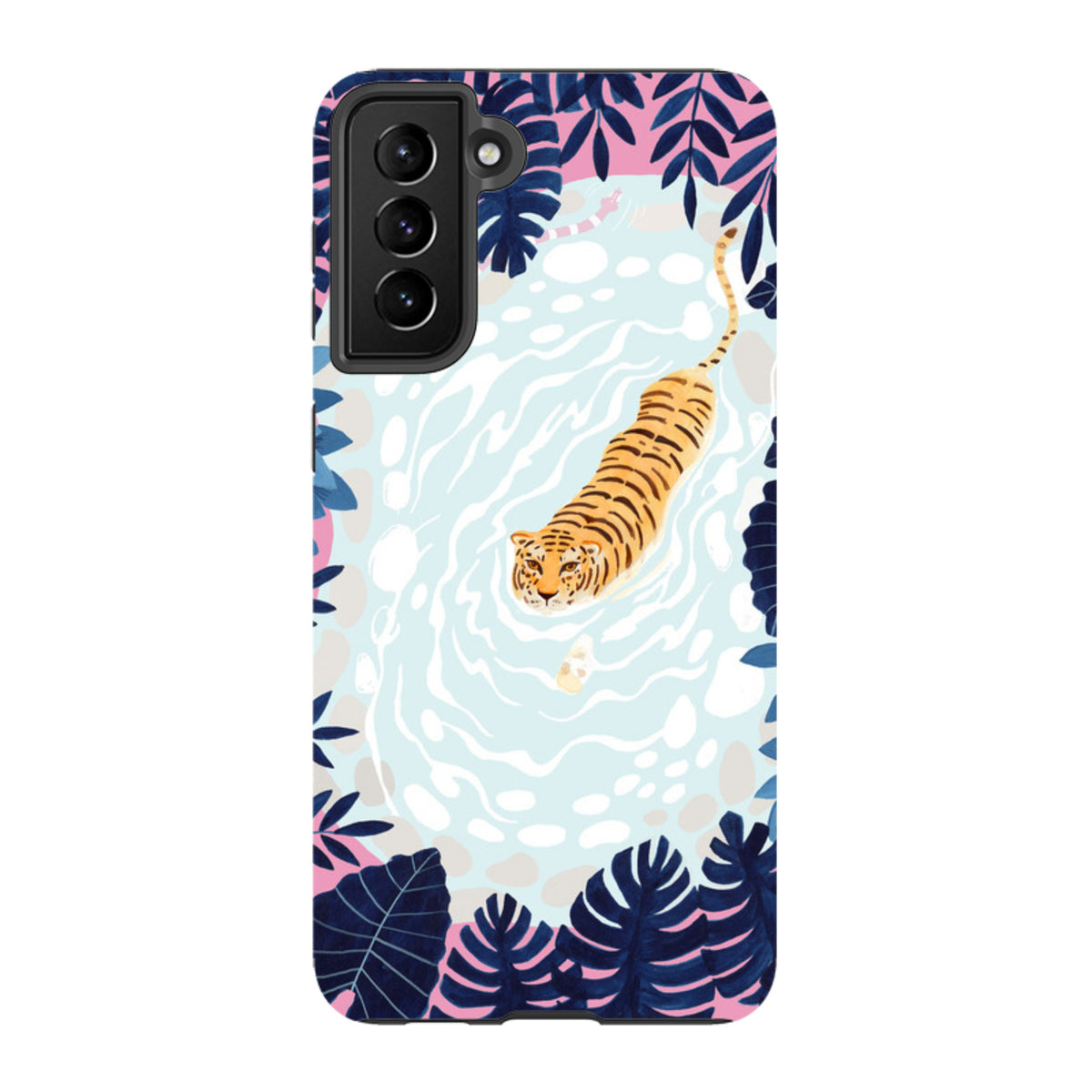 Samsung tough phone case featuring a tiger swimming in blue water surrounded by dark tropical leaves.