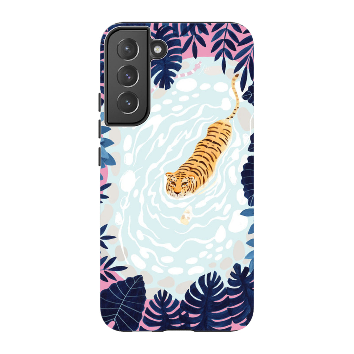 Samsung Tough Case featuring a swimming tiger illustration surrounded by dark blue tropical leaves on a light blue pond.