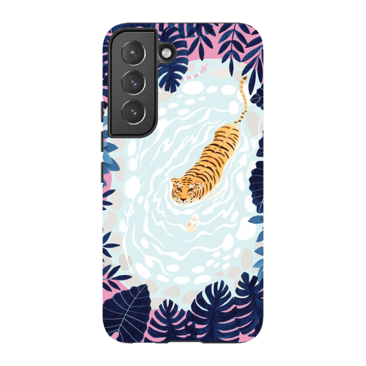 Samsung Tough Case featuring a swimming tiger illustration surrounded by dark blue tropical leaves on a light blue water background.