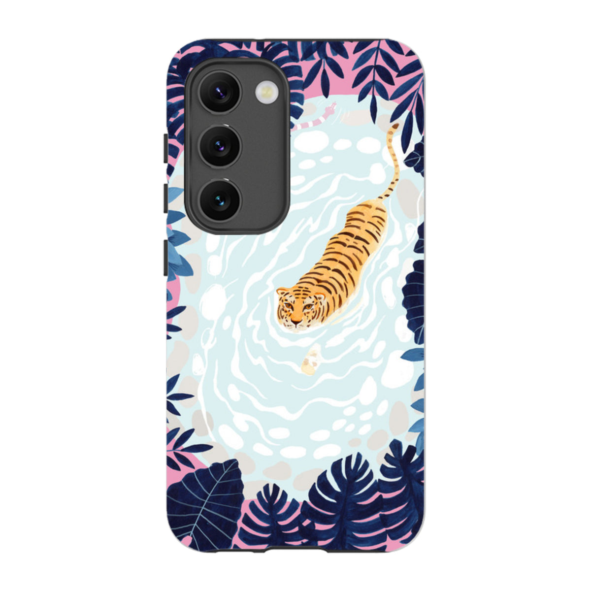 Samsung Tough Case featuring a swimming tiger illustration surrounded by dark blue tropical leaves on a light blue background.