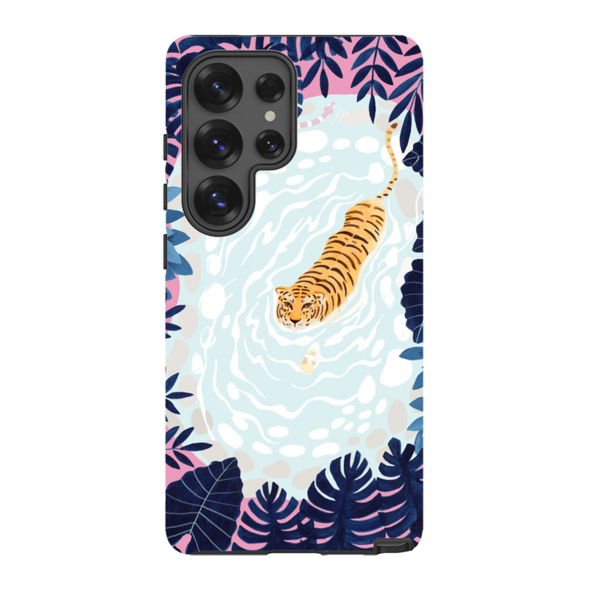 Samsung Tough Case featuring a swimming tiger illustration surrounded by dark tropical leaves on a light blue water background.