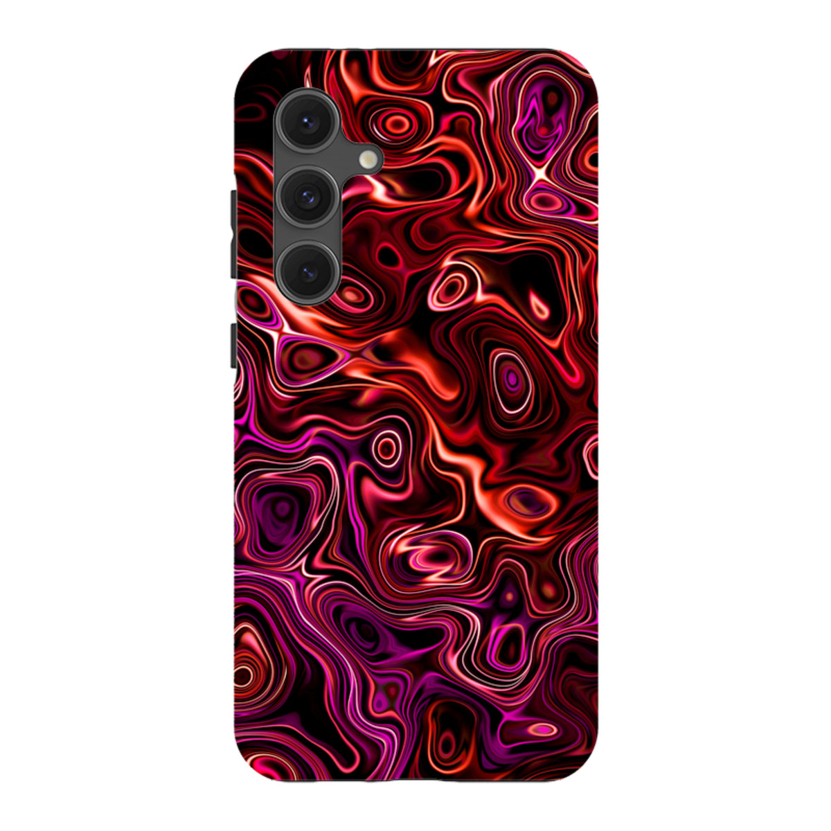 Samsung Tough Case with a vibrant red and purple liquid swirl pattern and triple camera cut-out.