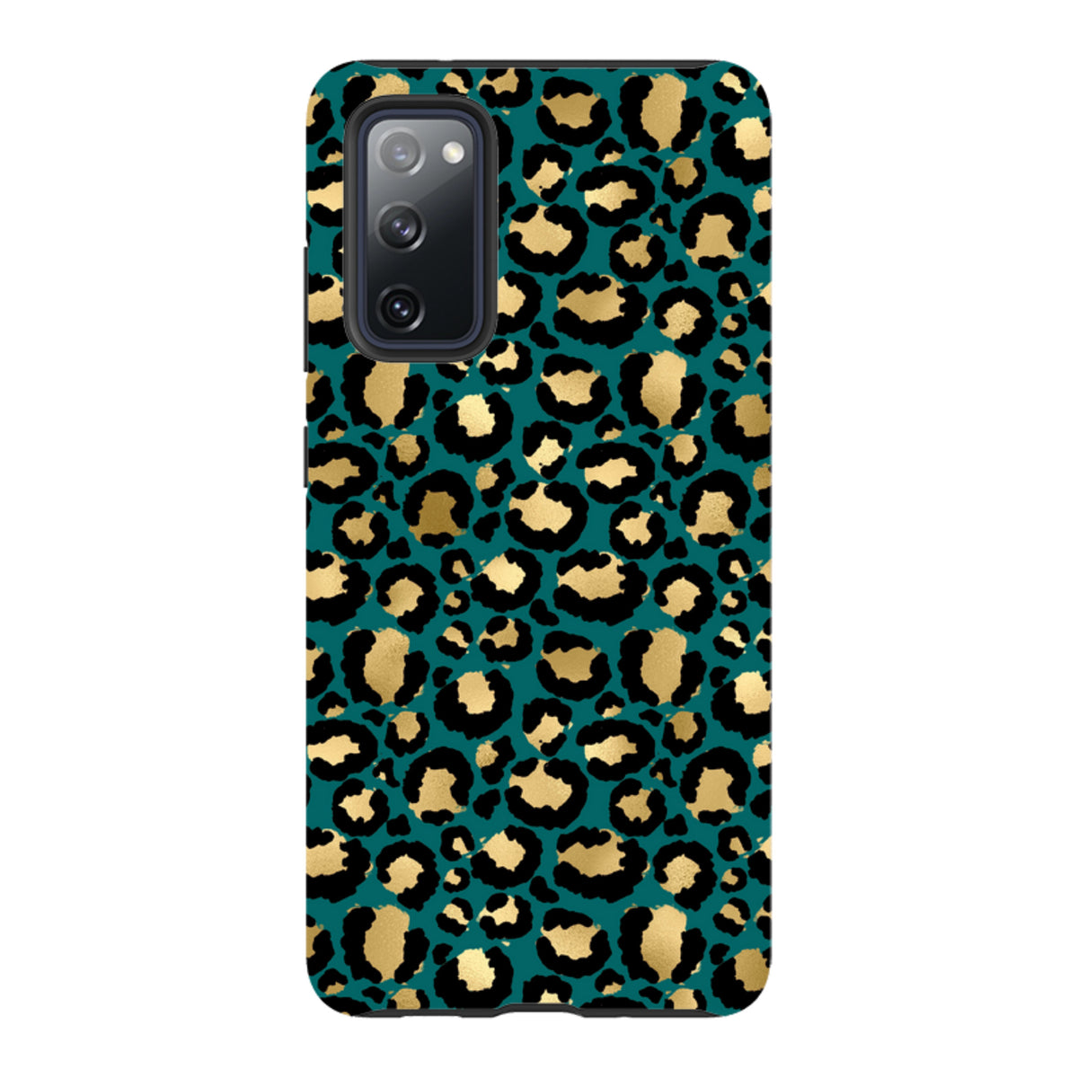 Samsung Tough Case with a teal and gold leopard print pattern and dual-layer protection for Galaxy devices.