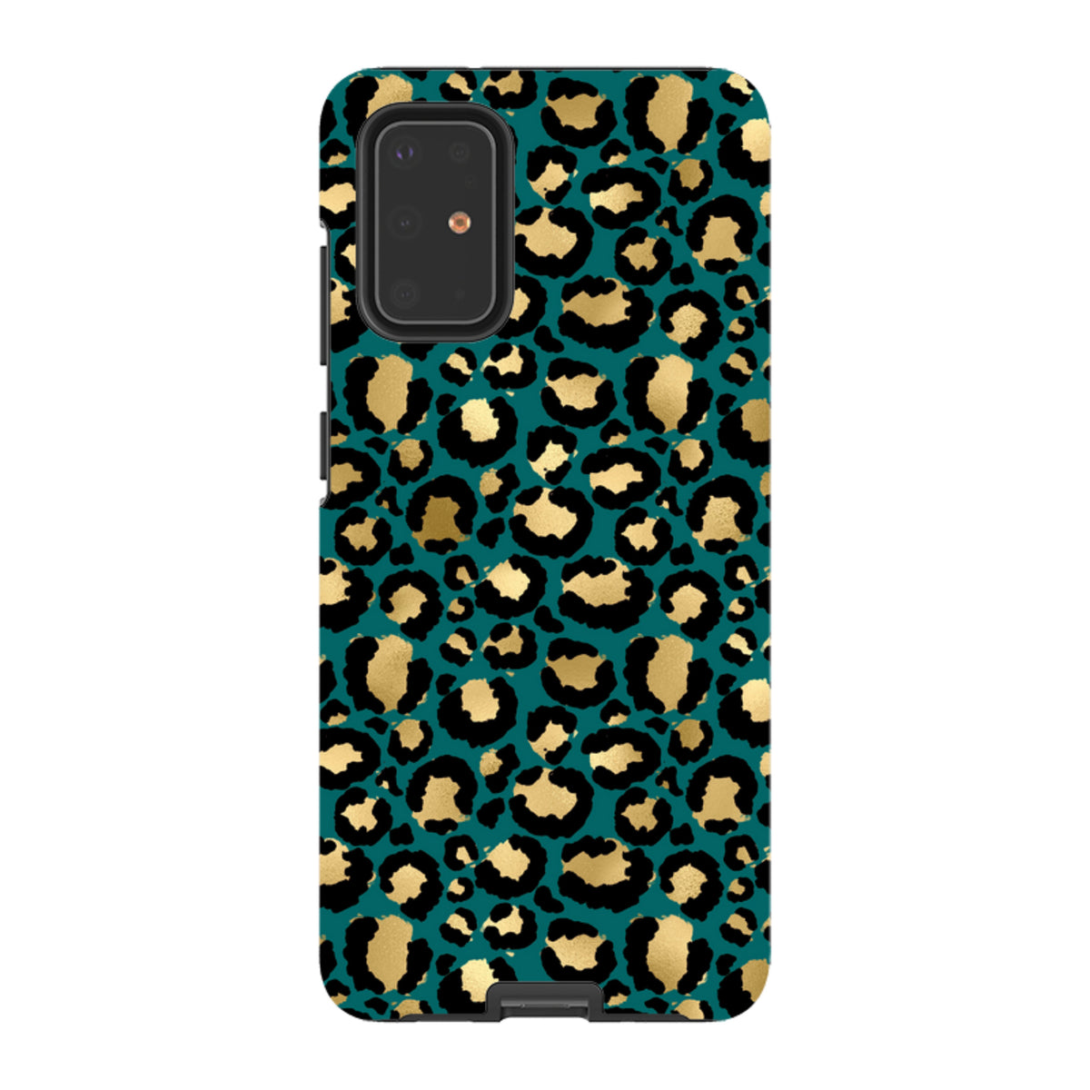 Samsung Tough Case featuring a teal, black, and gold leopard print pattern with dual-layer protection.
