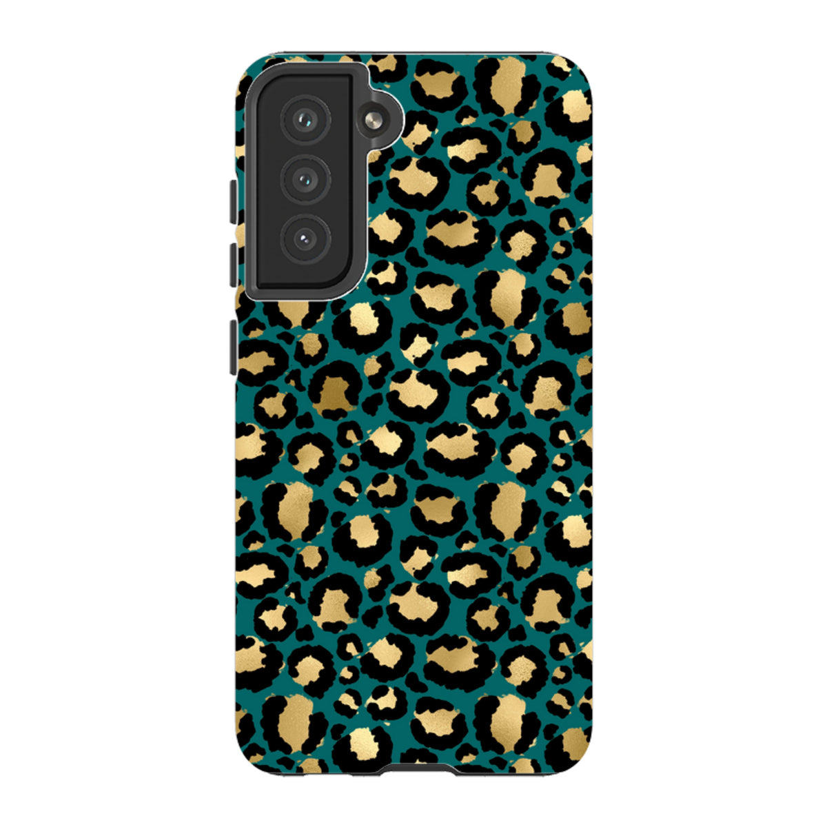Samsung Galaxy tough case featuring a teal, black, and gold leopard print pattern with a durable dual-layer design.