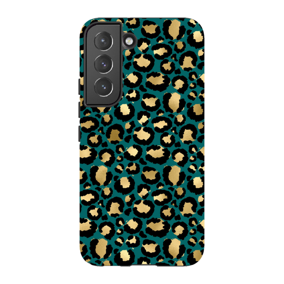 Samsung Galaxy tough case featuring a teal, black, and gold leopard print pattern with a durable dual-layer design.