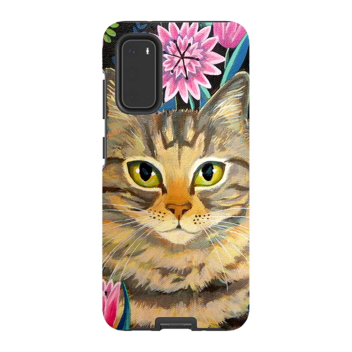Samsung Tough Case featuring a tabby cat painting with vibrant pink flowers on a durable dual-layer phone cover.