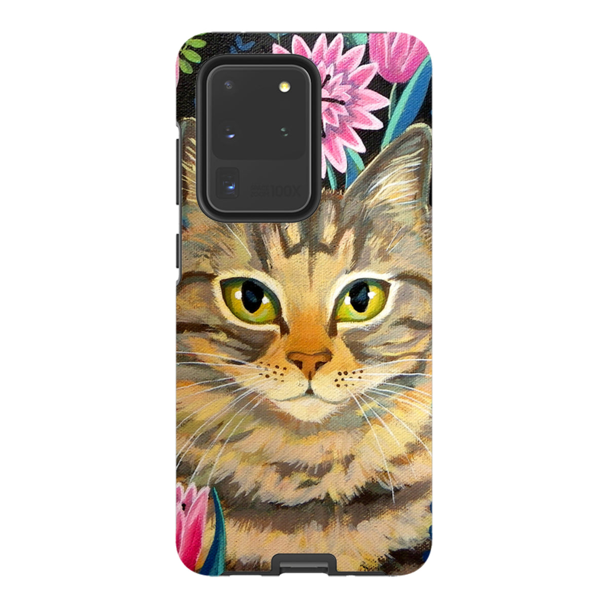 Samsung Galaxy tough case featuring a vibrant tabby cat painting surrounded by pink flowers on a black background.