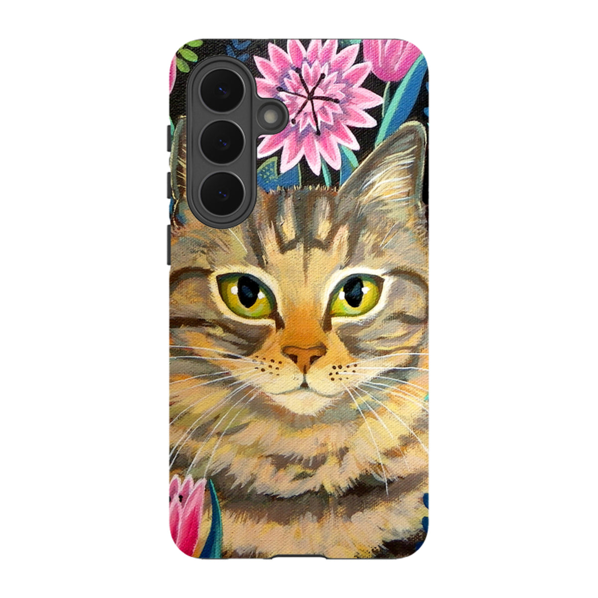 Samsung Tough Case featuring a tabby cat painting surrounded by pink flowers on a durable dual-layer phone cover.