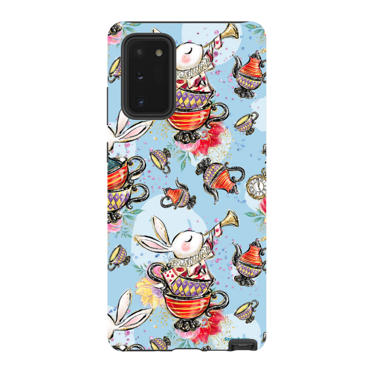 Samsung Tough Case featuring a whimsical tea party pattern with bunnies, teapots, and cups on a light blue background.