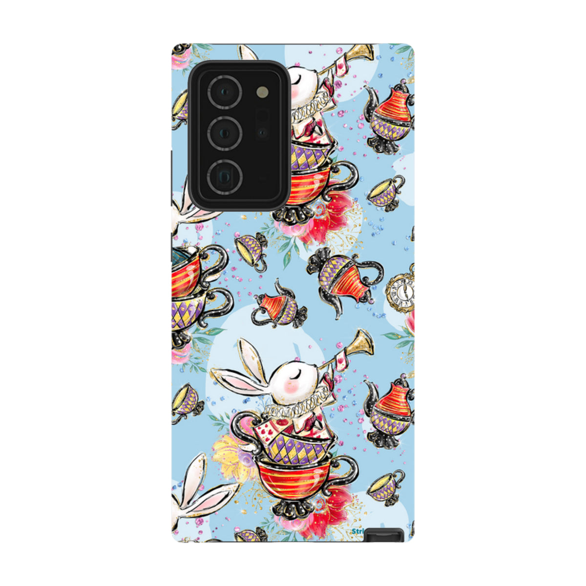 Samsung Tough Case featuring a whimsical tea party pattern with rabbits, teapots, and teacups on a light blue background.
