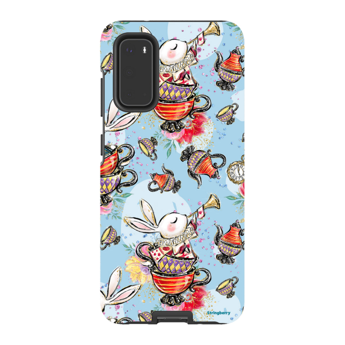 Samsung Tough Case featuring a whimsical Tea Party rabbit print on a light blue background with dual-layer protection.
