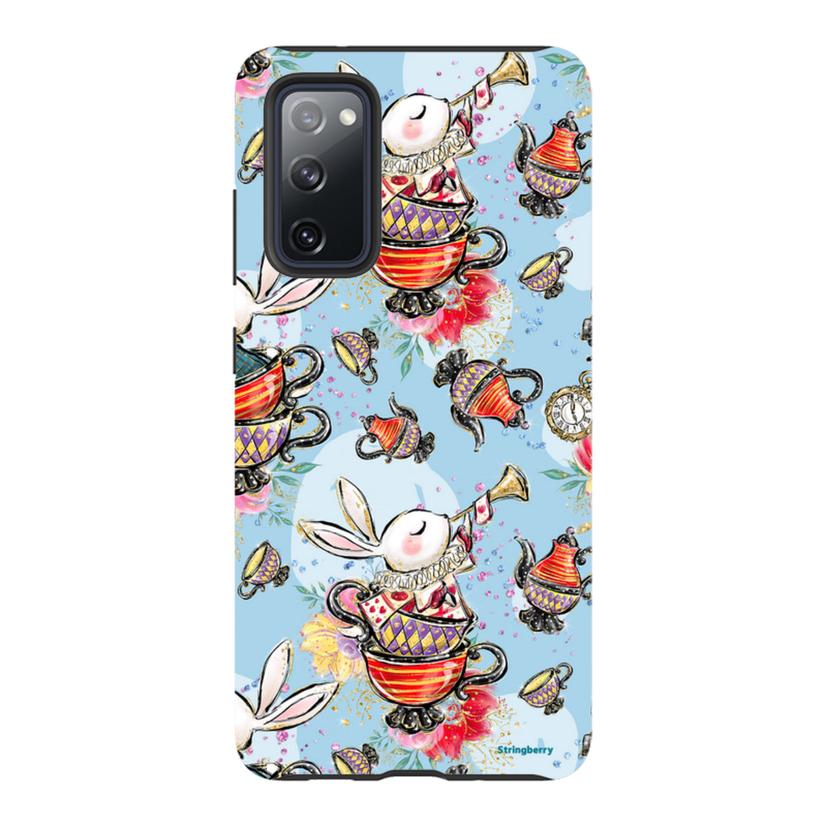 Samsung Tough Case featuring a whimsical tea party pattern with rabbits, teapots, and cups on a light blue background.