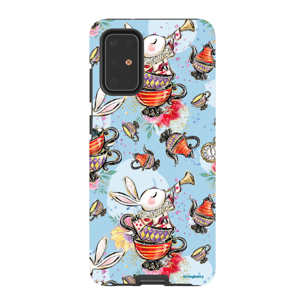 Samsung tough phone case with a whimsical tea party pattern featuring rabbits, teapots, and teacups on a light blue background.