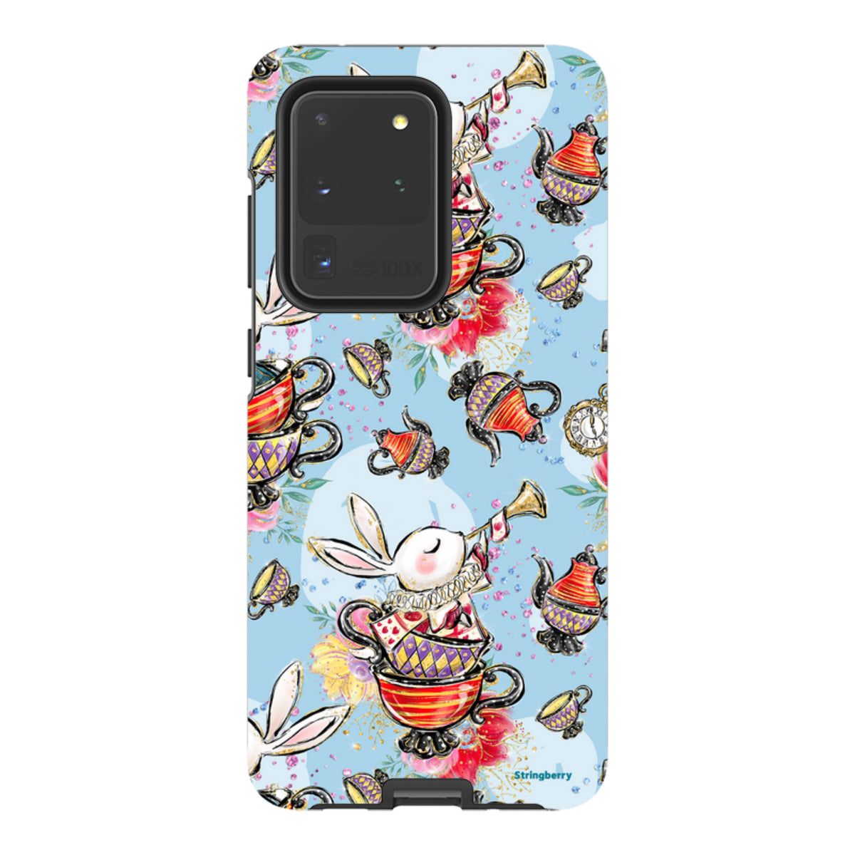Samsung Tough Case featuring a whimsical tea party pattern with rabbits, teapots, and teacups on a light blue background.