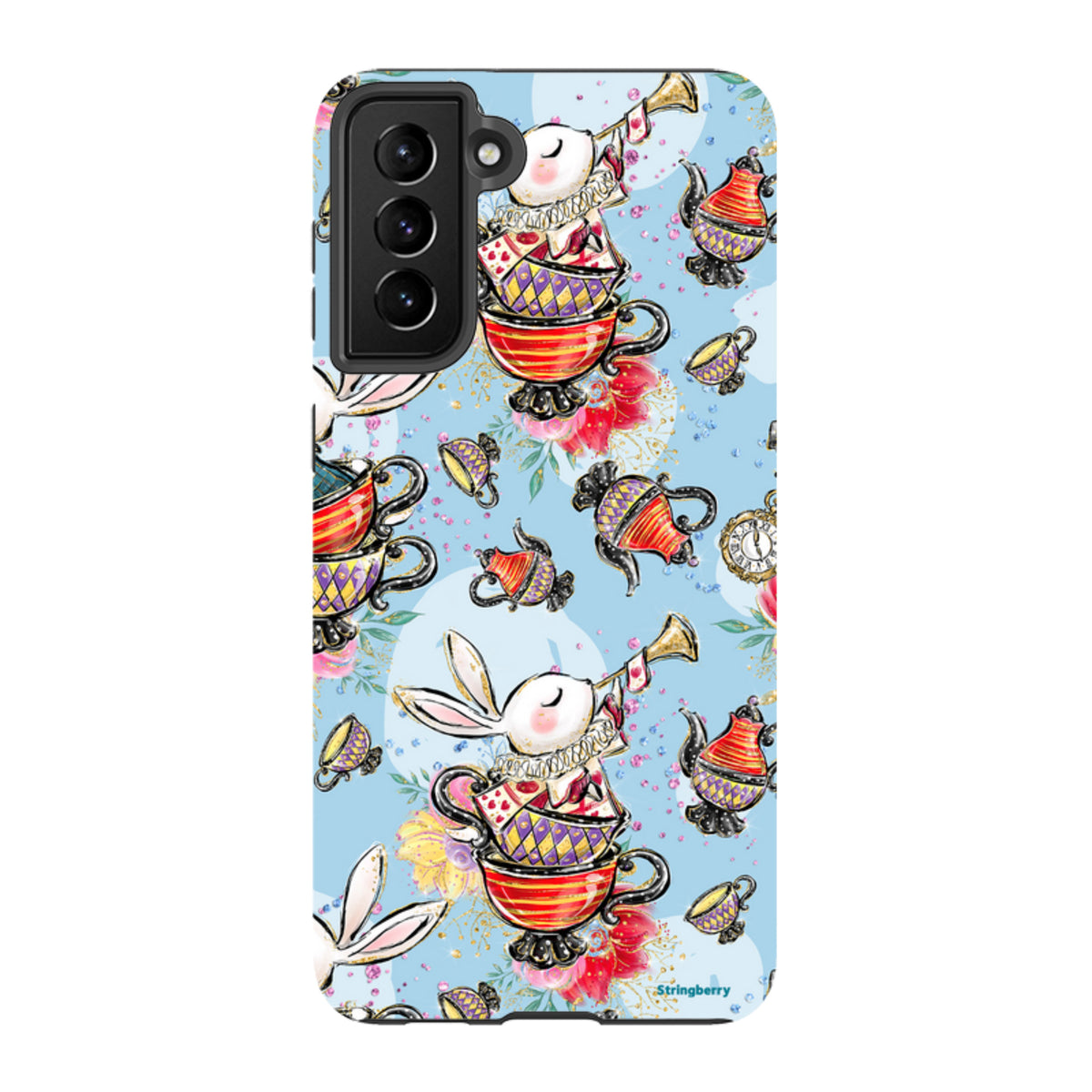 Samsung Tough Case featuring a whimsical Tea Party rabbit print on a light blue background with dual-layer protection.