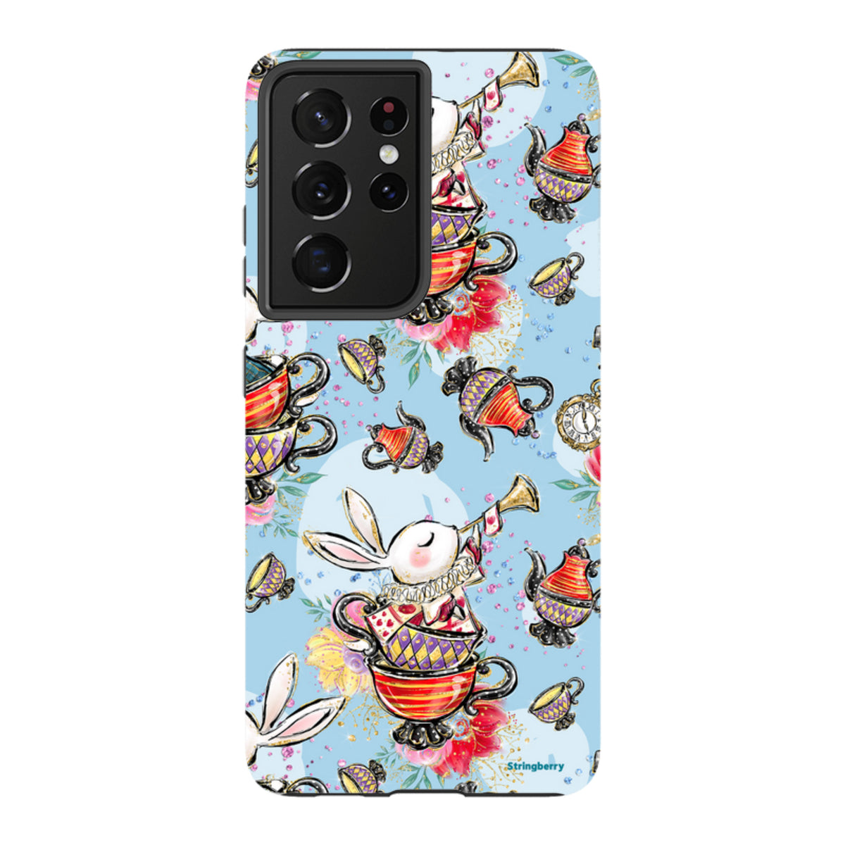 Samsung Galaxy tough case with a light blue Tea Party pattern featuring rabbits, teacups, and floral illustrations.