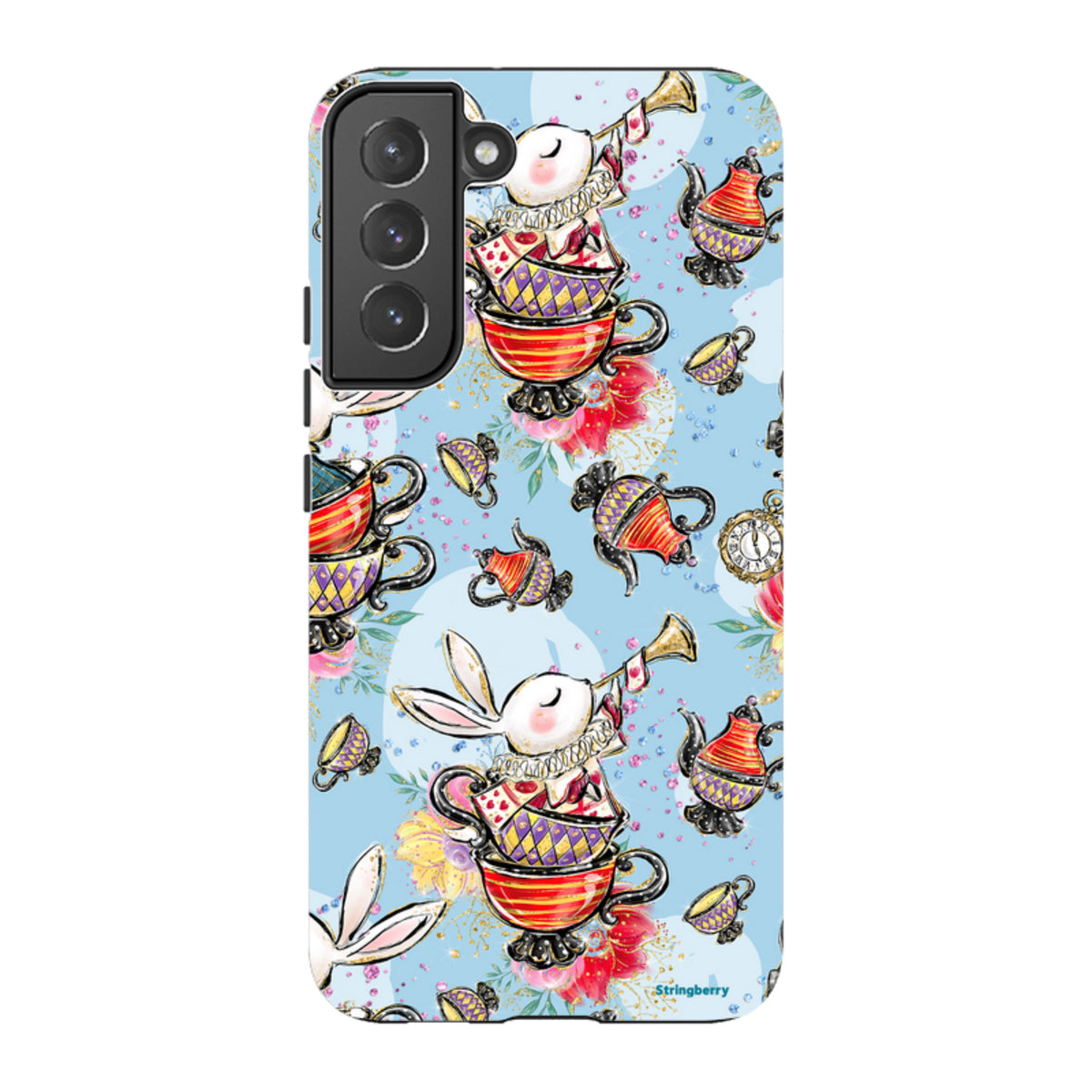 Samsung Tough Case featuring a whimsical tea party pattern with rabbits, teapots, and cups on a light blue background.