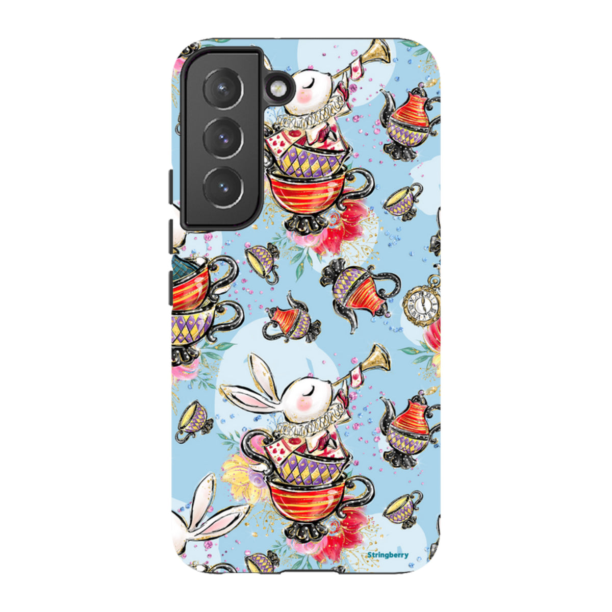 Samsung Tough Case featuring a whimsical tea party pattern with rabbits, teapots, and teacups on a light blue background.