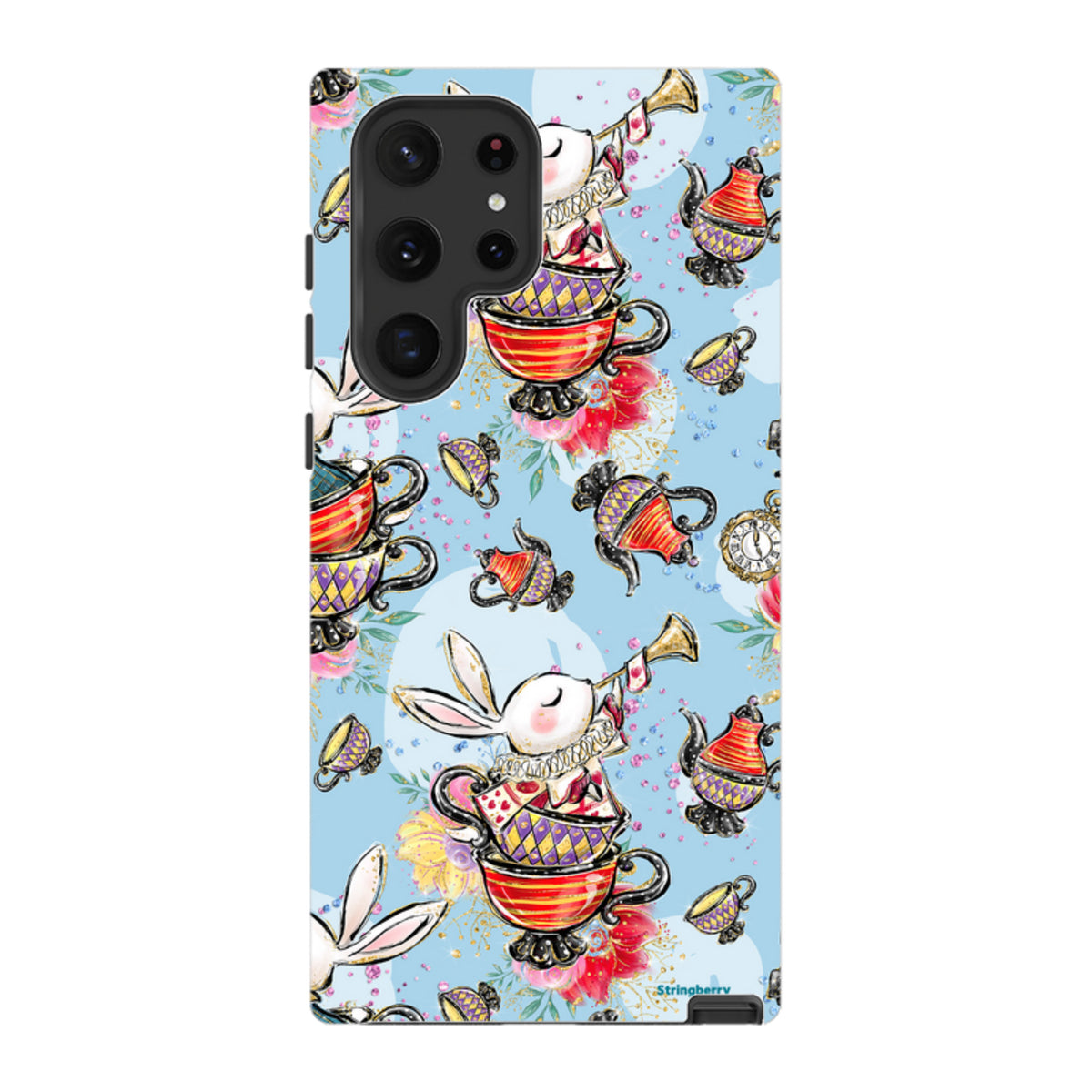 Samsung Tough Case featuring a whimsical tea party pattern with bunnies, teapots, and teacups on a light blue background.
