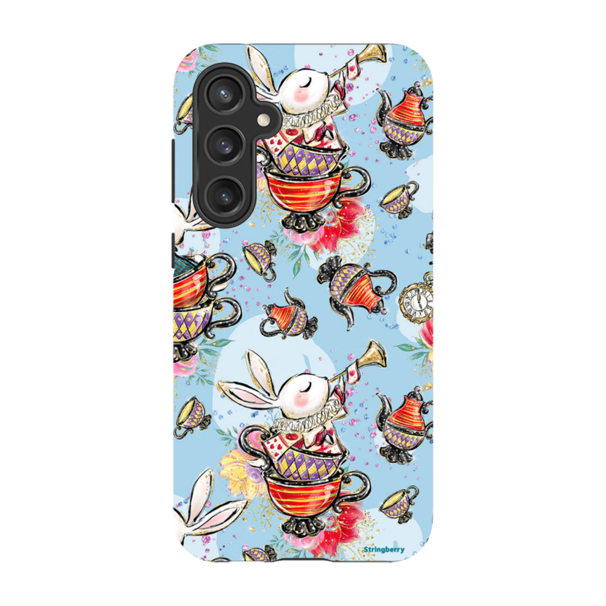 Samsung Tough Case featuring a whimsical rabbit and tea party pattern on a light blue background with dual-layer protection.