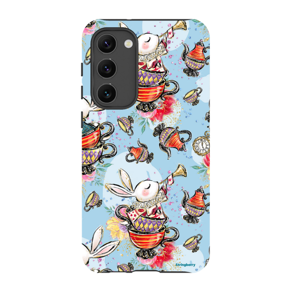 Samsung Tough Case featuring a whimsical tea party pattern with bunnies, teapots, and teacups on a light blue background.