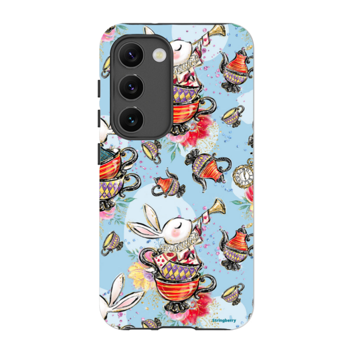 Samsung Tough Case featuring a whimsical tea party pattern with rabbits, teacups, and teapots on a light blue background.