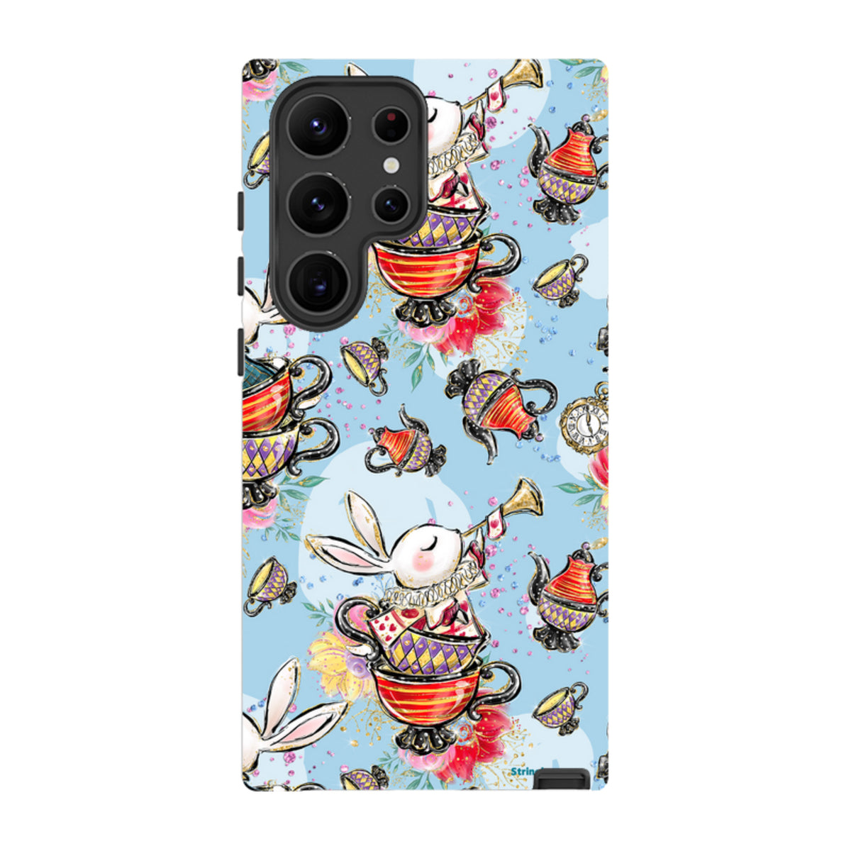 Samsung tough phone case featuring a whimsical tea party pattern with rabbits, teapots, and teacups on light blue.